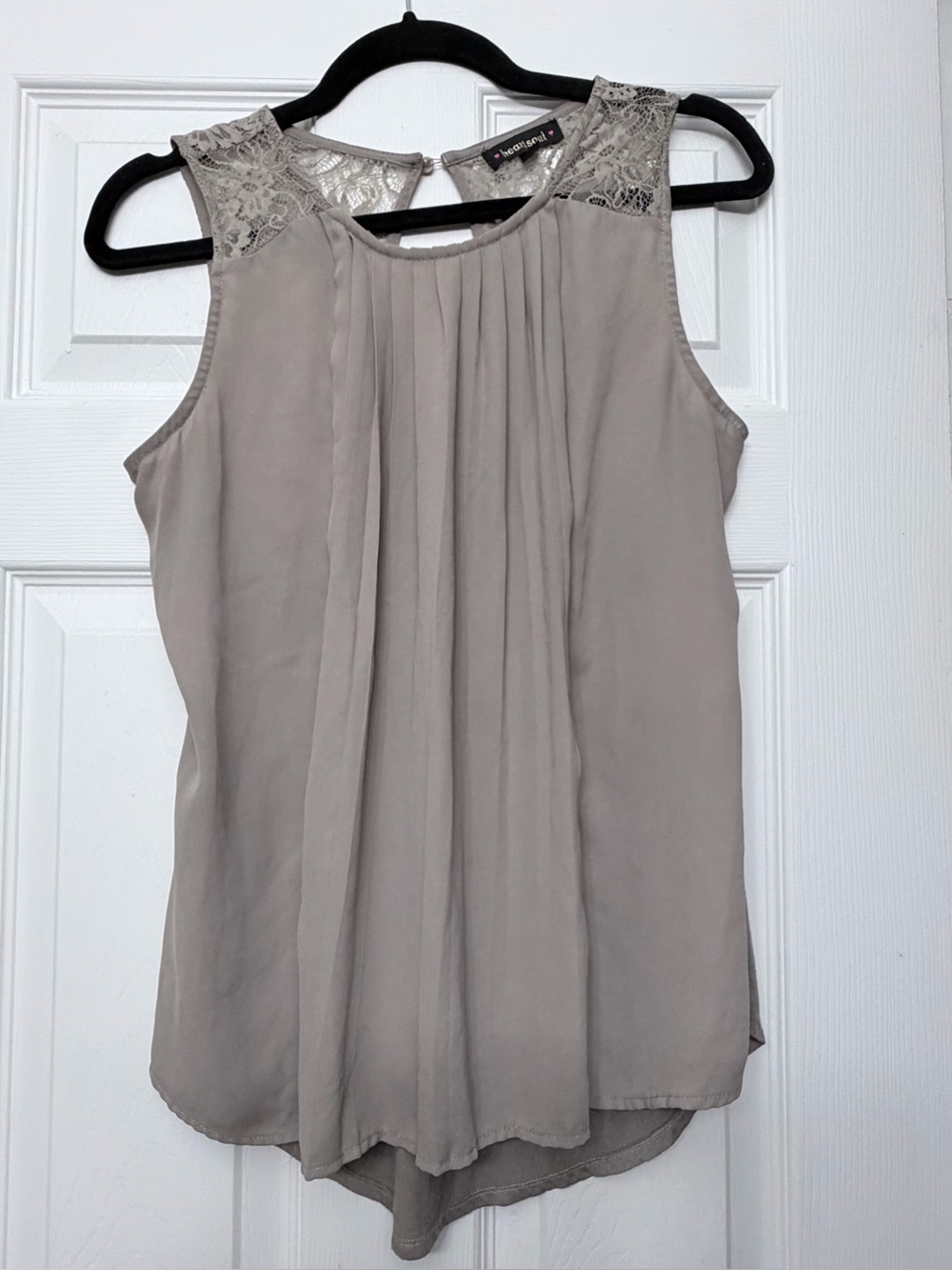 HeartSoul Taupe Lace-Yoke Pleated Sleeveless Camisole